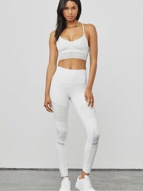 ALO Yoga White Moto High Rise Leggings Sheer Mesh Panels Size XS